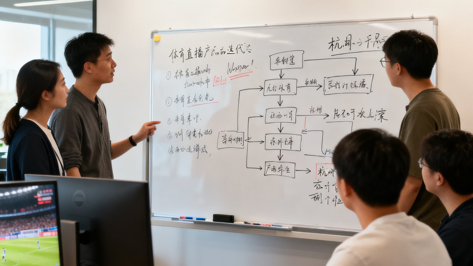 看个球杭州团队正在白板前讨论体育直播产品迭代方案